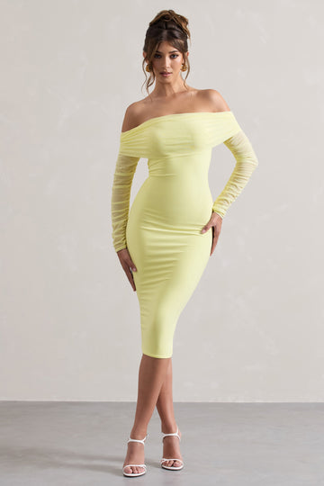 Only You Lemon Ruched Mesh Bardot Midi Dress